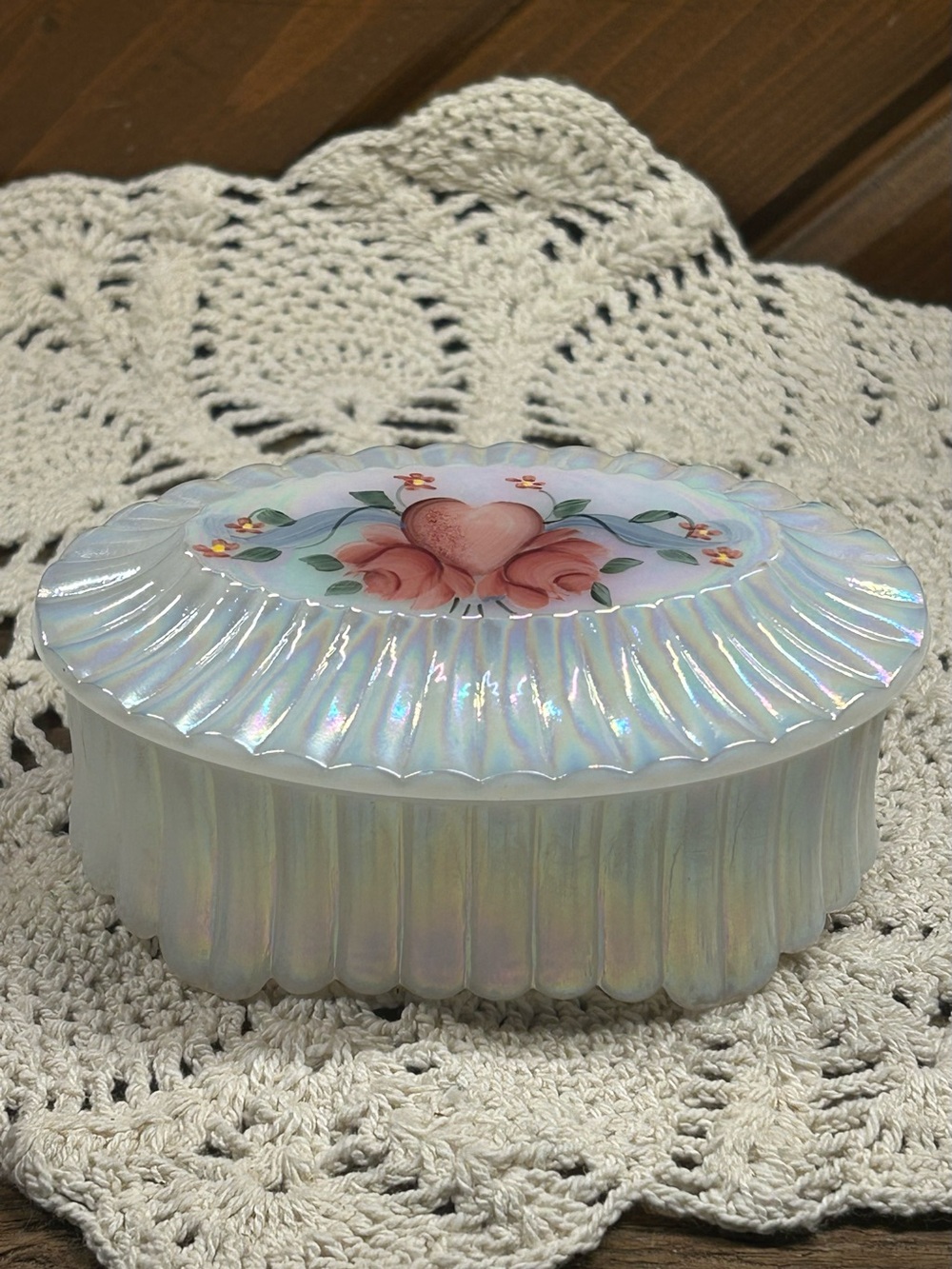 Vintage Fenton Hand-Painted Opalescent Milk Glass Trinket Box